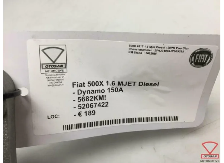 Fiat 500X 2017 1.6 MJET Dynamo 150A 52067422