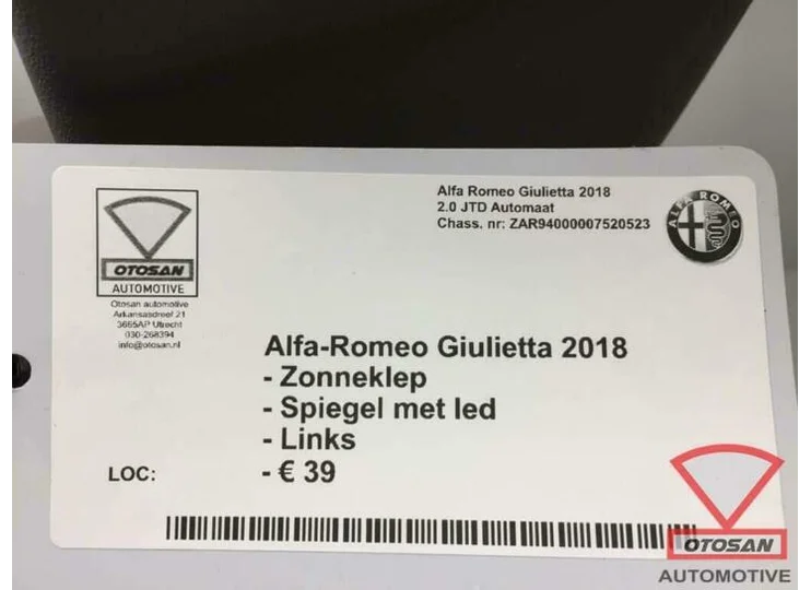 Alfa Romeo Giulietta 2018 Zonneklep Spiegel Met Led Links