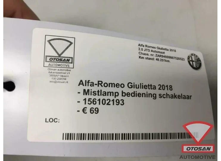 Alfa Romeo Giulietta 2018 Mistlamp Bediening Schakelaar 1561