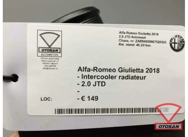 Alfa Romeo Giulietta 2018 Intercooler Radiateur 2.0JTD