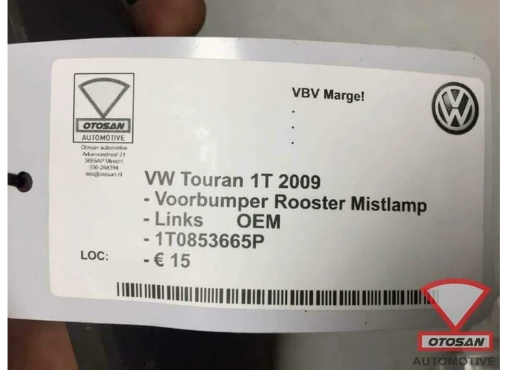 VW Touran 1T 09 Voorbumper Rooster Mistlamp Links 1T0853665P