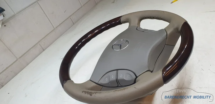houten-stuurwiel-w220-s-klasse-mercedes-cl-w215-leer-leder-beige-grijs-bruin-hout-airbag-origineel-gebruikt-1998-2005 — foto 4