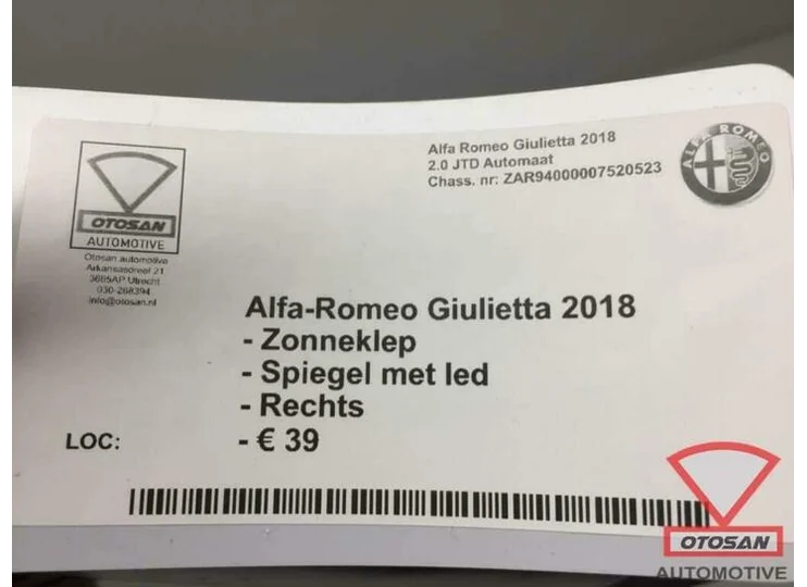 Alfa Romeo Giulietta 2018 Zonneklep Spiegel Met Led Rechts